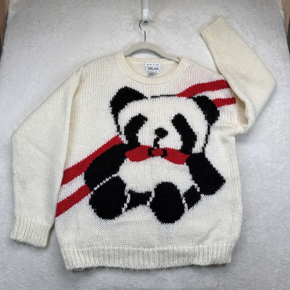 Vintage 80s Hand Knit Panda Bear Sweater Womens Large Mohair Kawaii Novelty